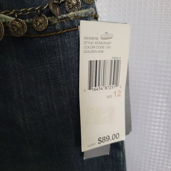 DKNY NWT Size 12 Jeans Denim Gold Glitter So Low Lita Chain Belt Boot Distressed - Picture 12 of 16